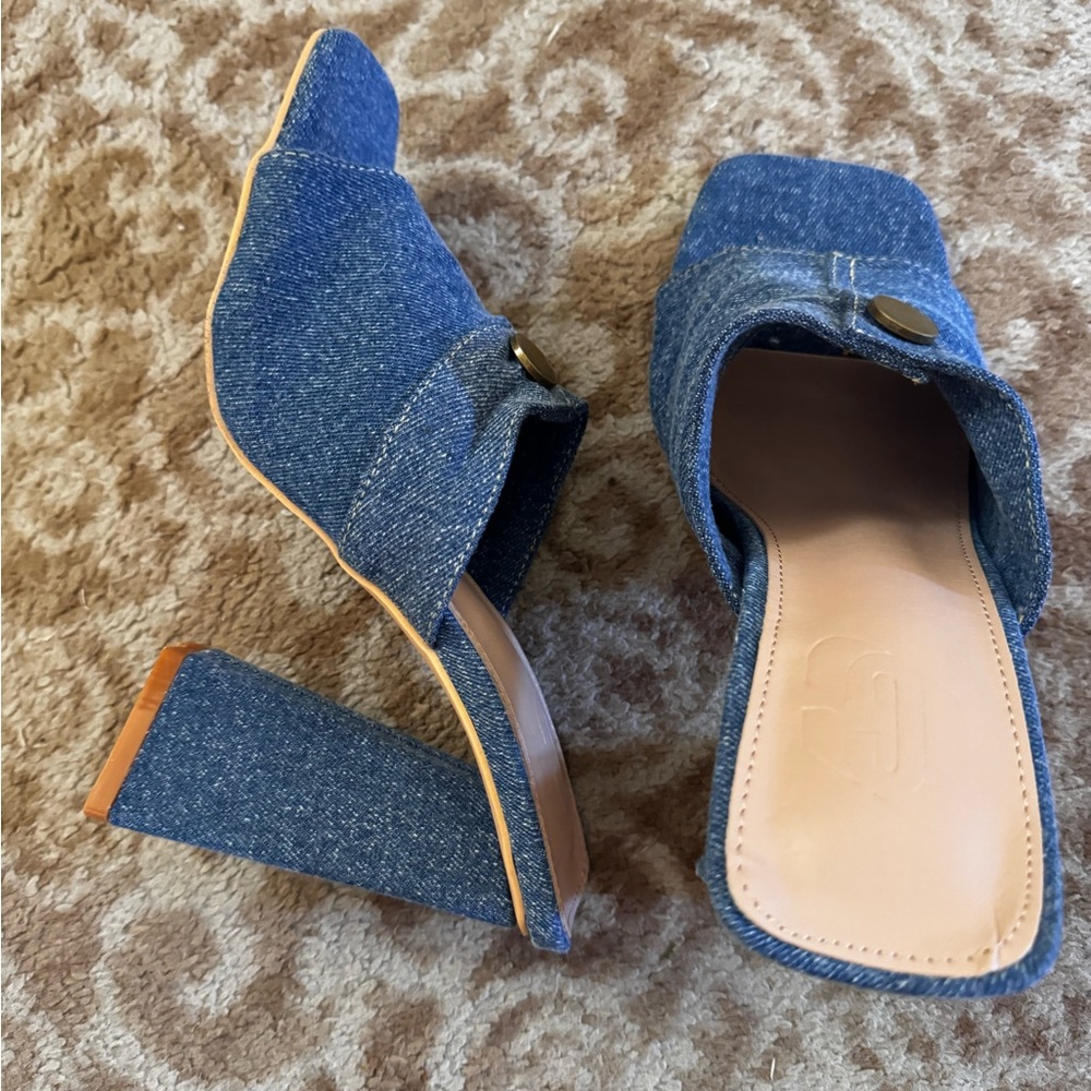 Denim Slide Mules with Block Heel - Blue - Picture 7 of 9